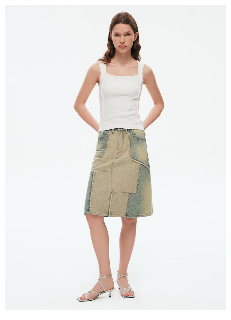 Reconstructed Retro Washed Slim A-Line Skirt