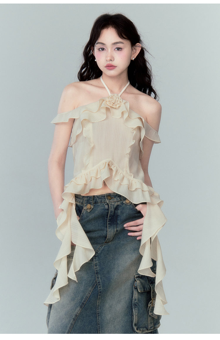 Irregular Design Off-Shoulder Frill Blouse