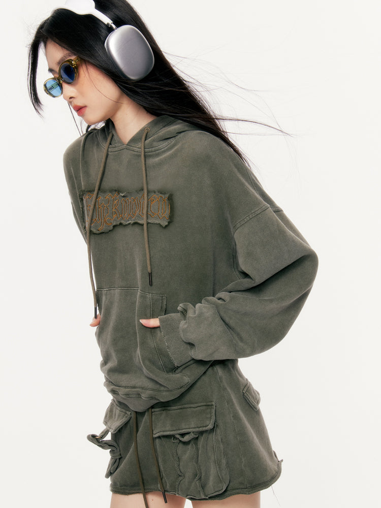 Embroidered Edge Loose Military Green Sweatshirt Setup