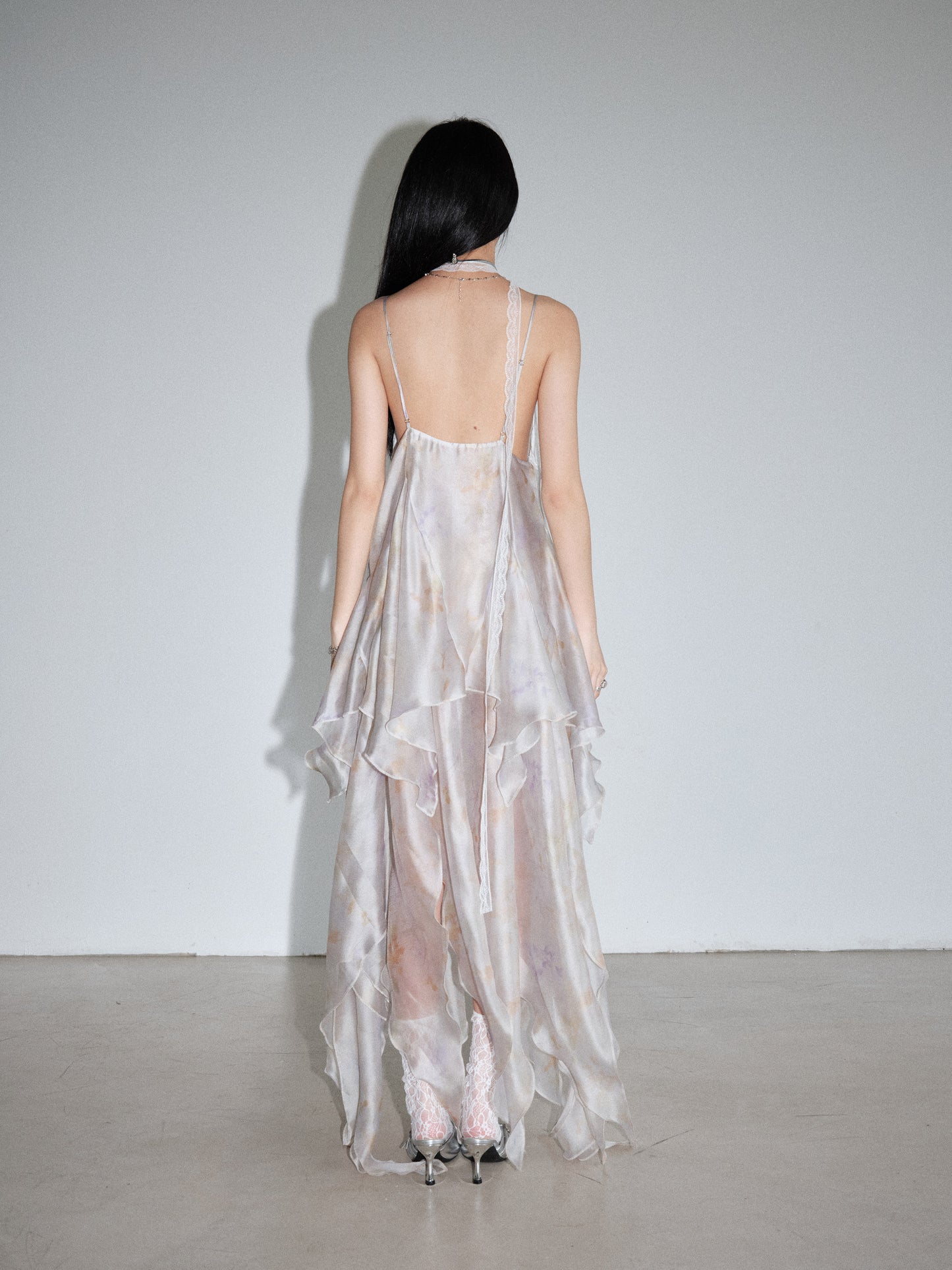 Gauze Print Transparent Feather Dress