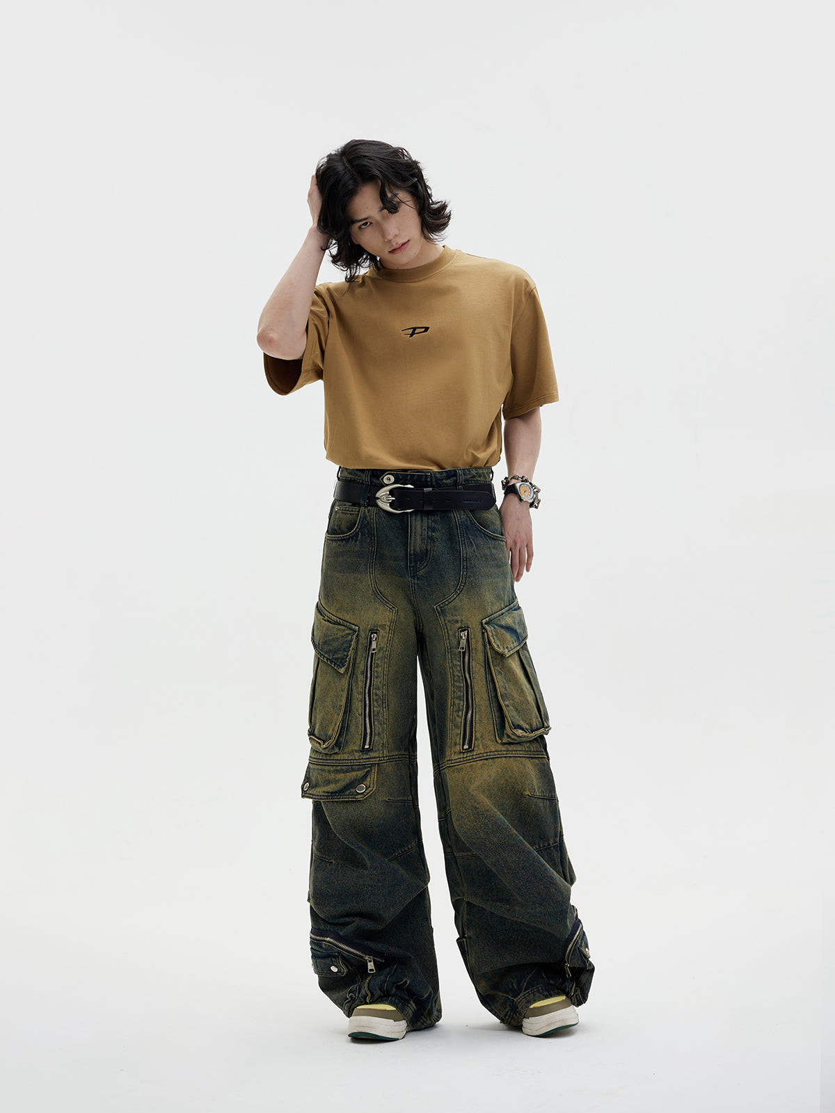 Loose Straight Double Waist Multi Pocket Pants