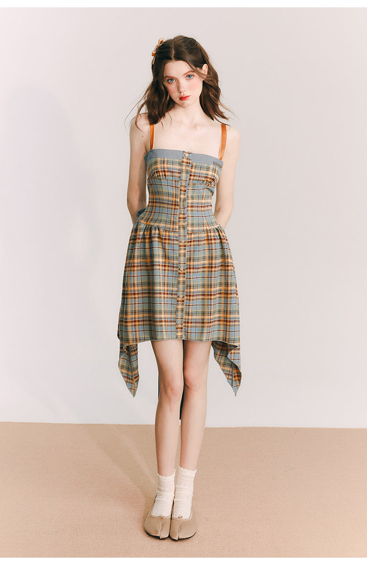 Back Ribbon Plaid Short Suspender One-piece