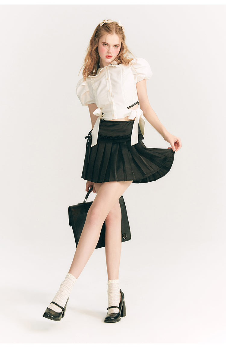 Side Ribbon Puff Sleeve Short Shirt