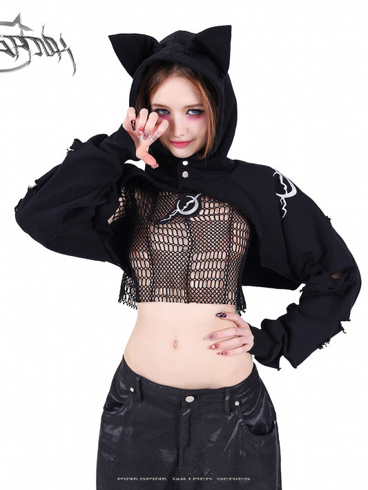 Cat Ear Damaged Sleeve Hood Top