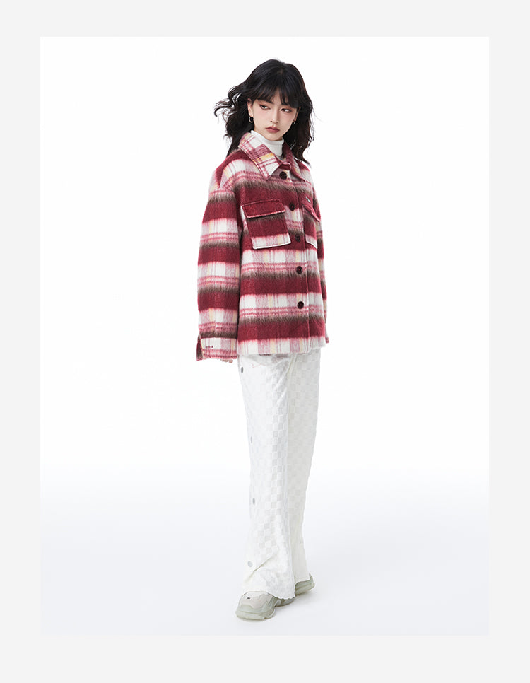 Red Striped Shirt Ledge Style Wool Jacket