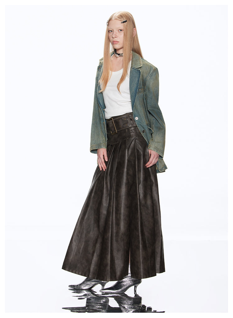 A-line Long Length Pleated Retro Leather Skirt