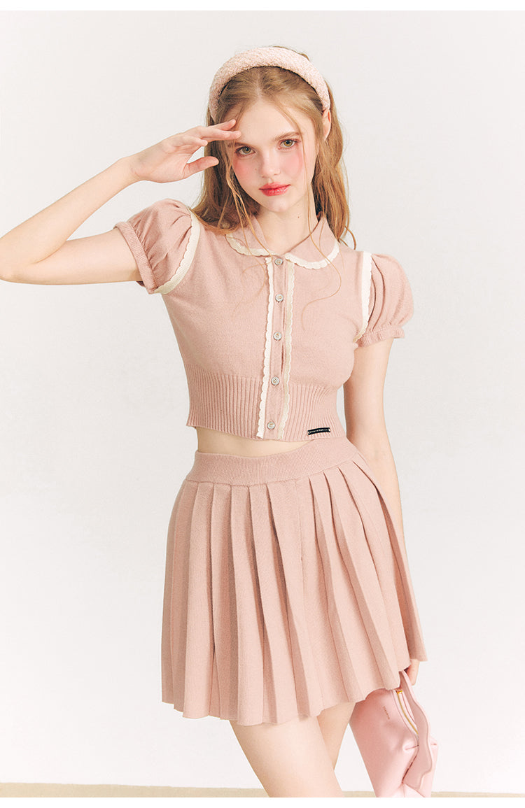 Puff Sleeve Short Length Knit & Pleated Short Length Skirt Setup