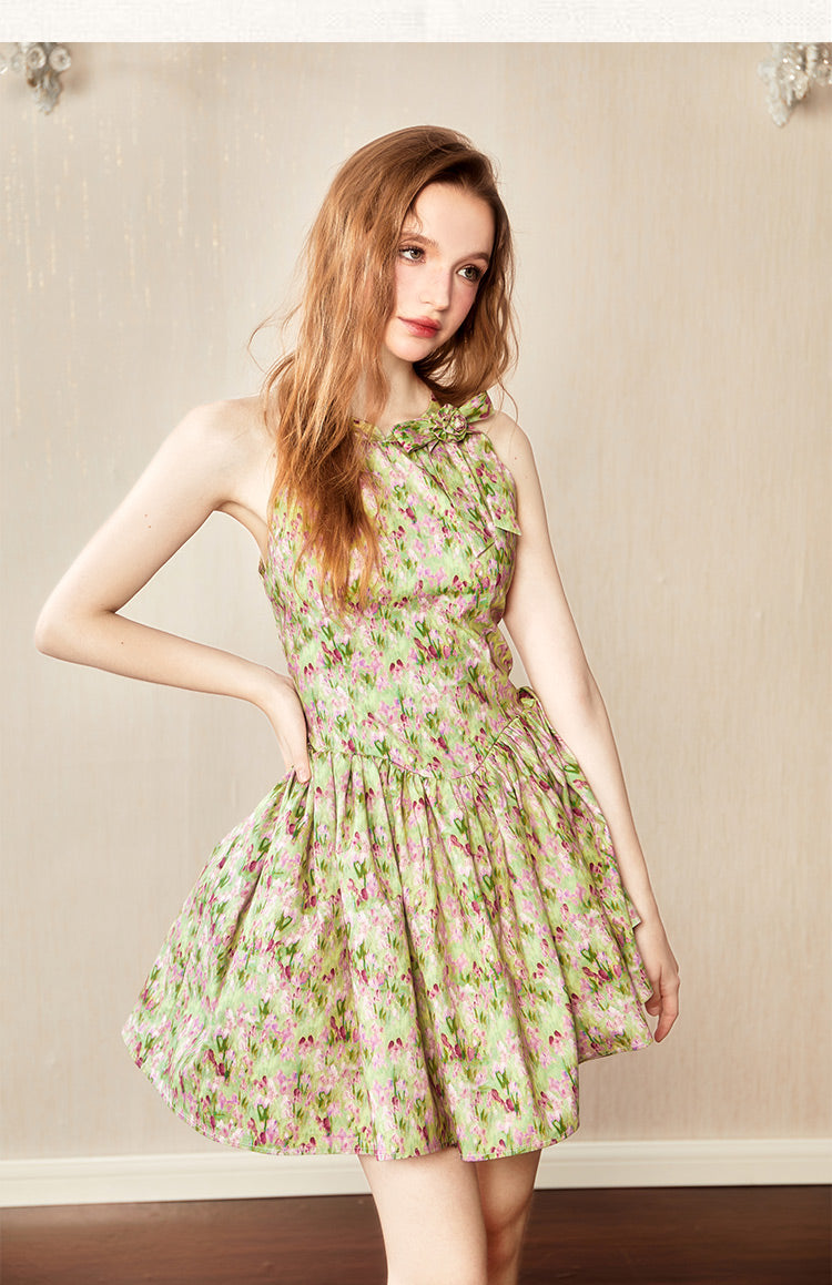 French Floral Retro Oil Painting Dress