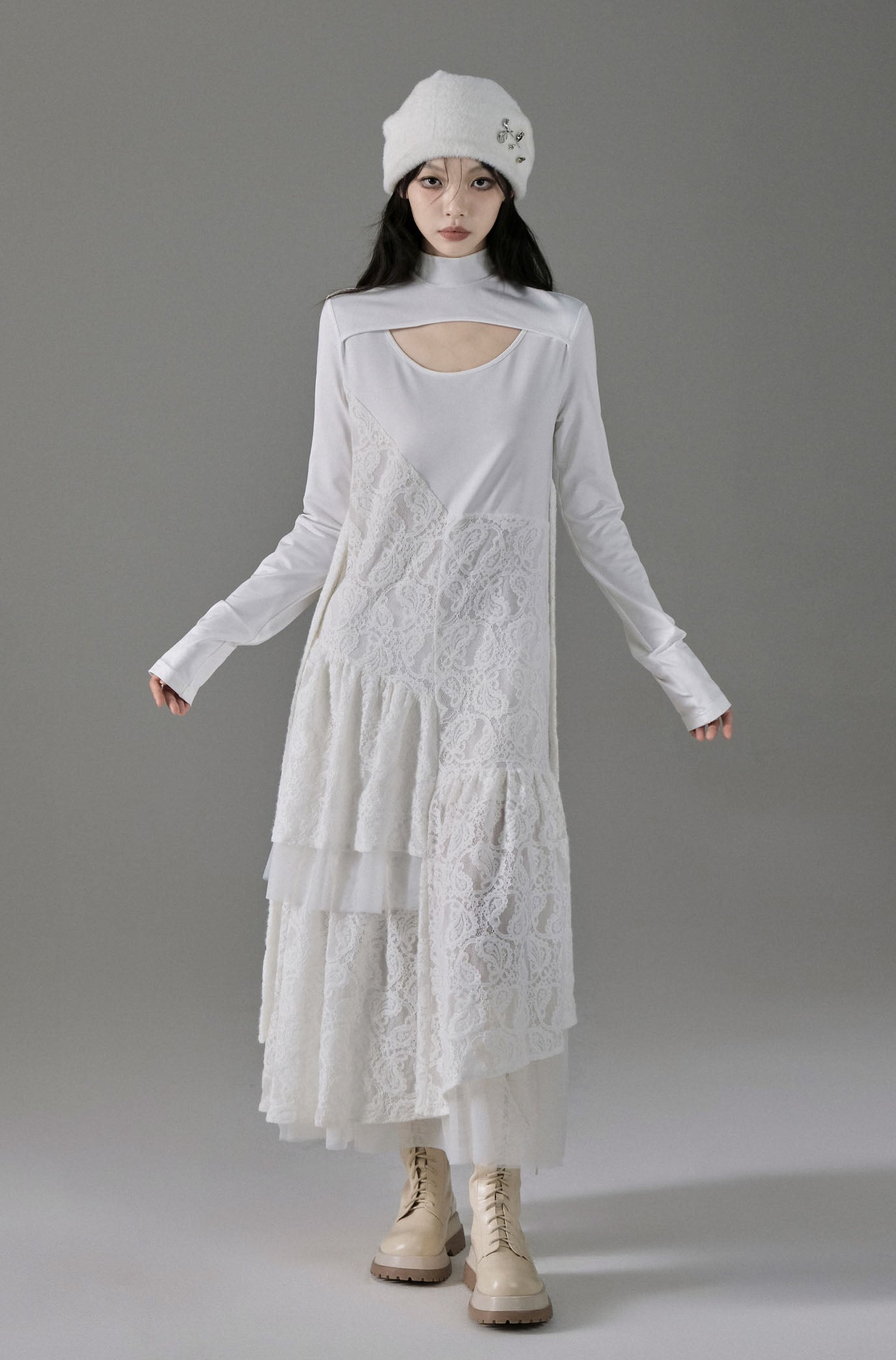 Gentle Style Asymmetric Stitch Hollow Jacquard Long Sleeve Dress