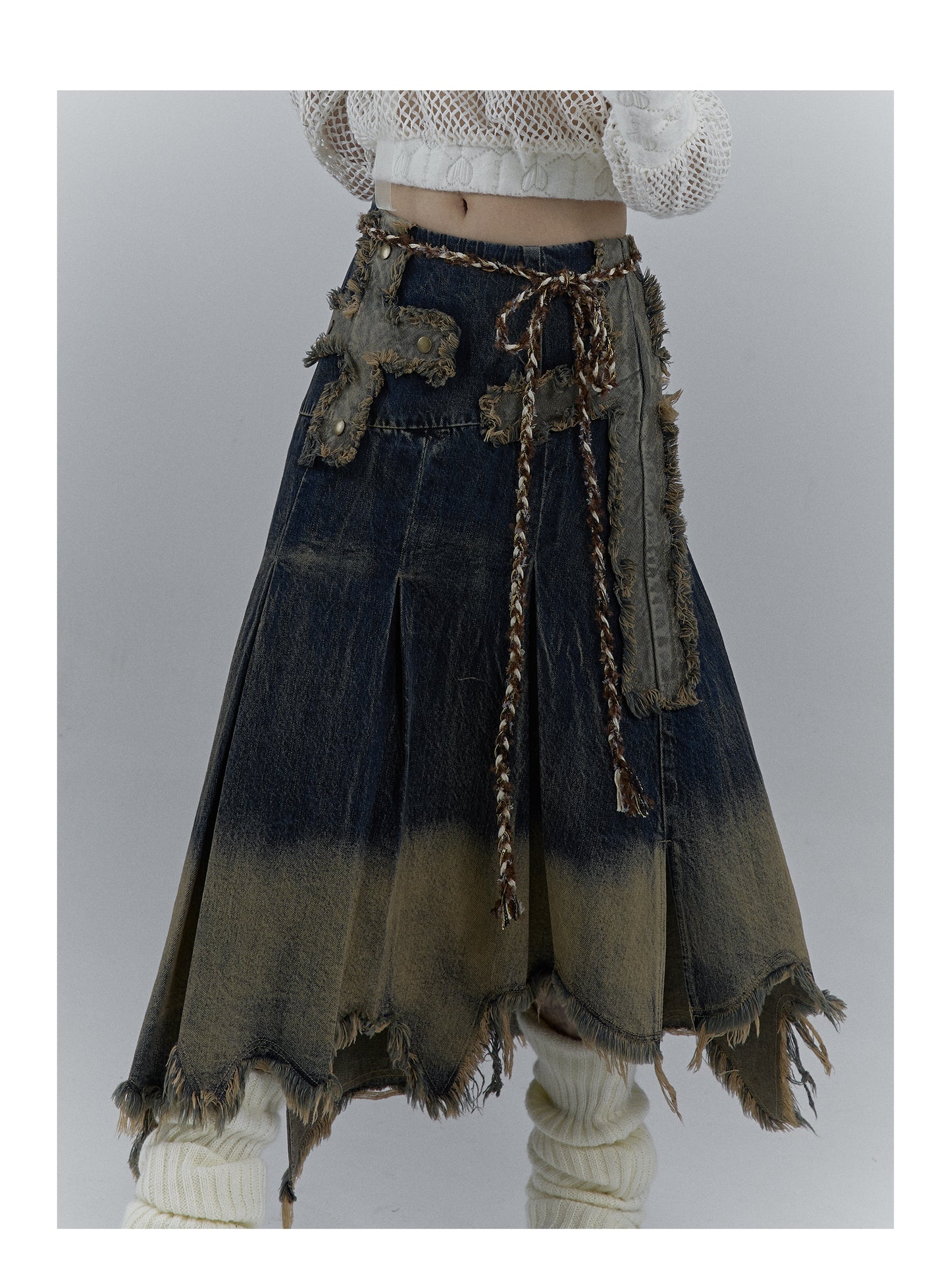 Washed Damaged Long Length Denim Skirt