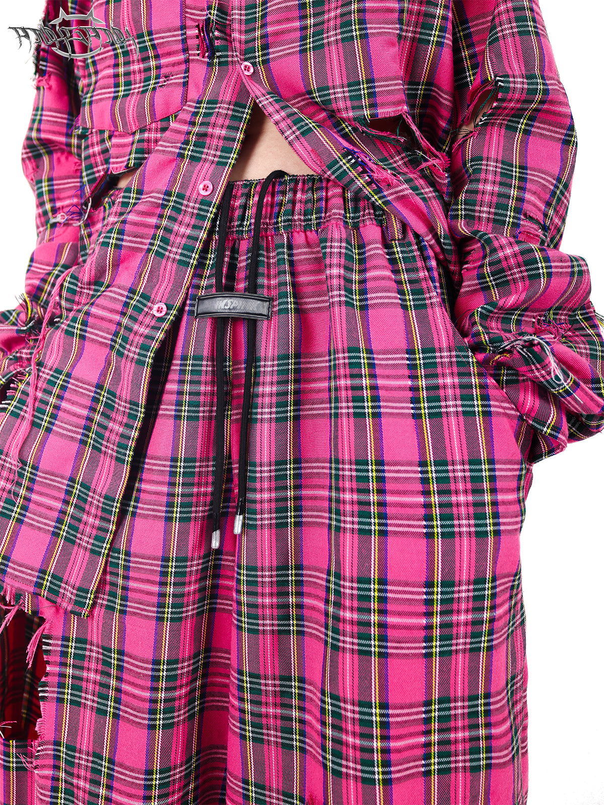 Loose fit pink plaid damaged shirt