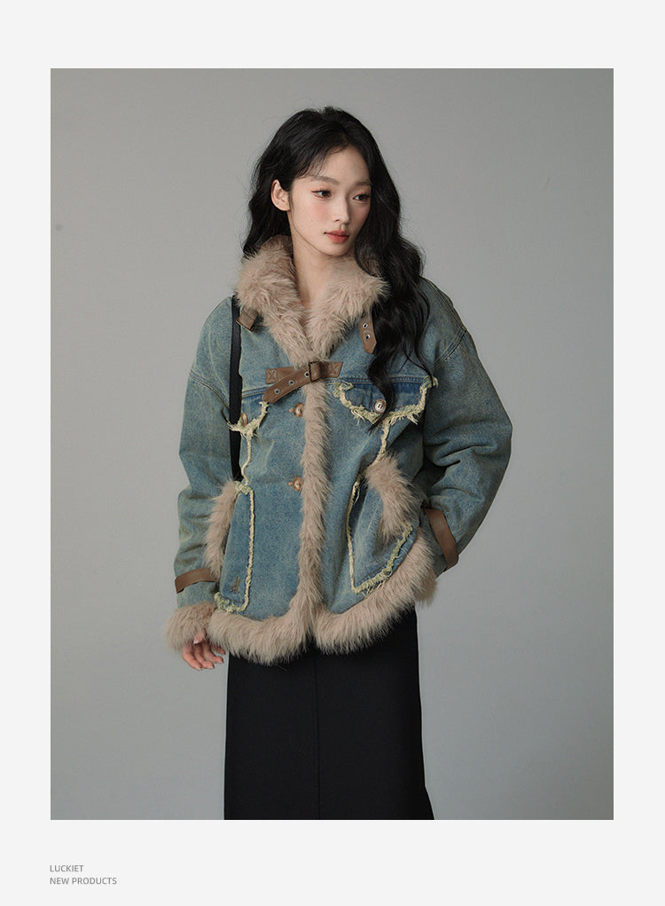 retro fur stitch denim coat