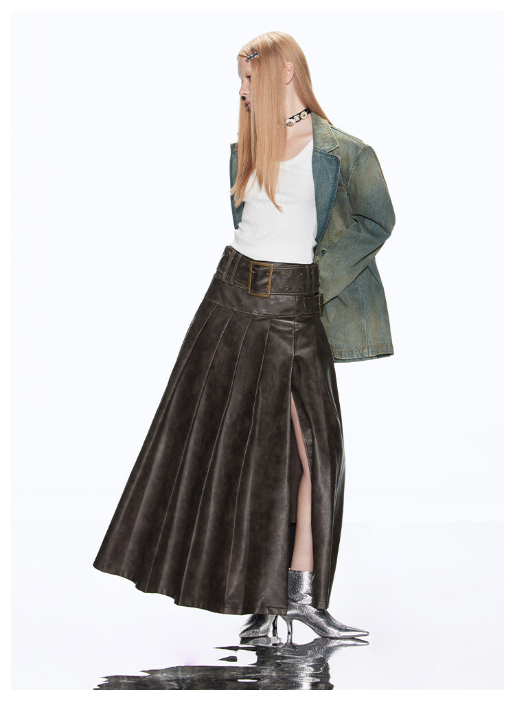 A-line Long Length Pleated Retro Leather Skirt