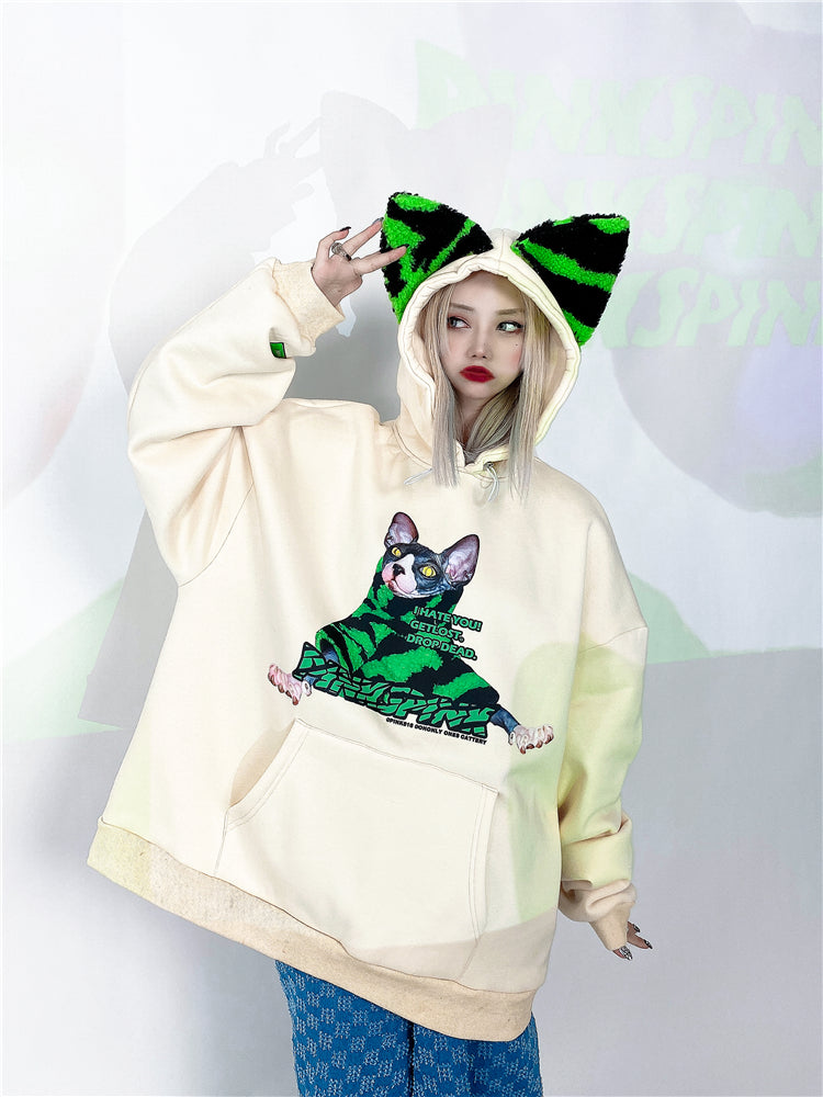 Loose fit cat ear print t-shirt