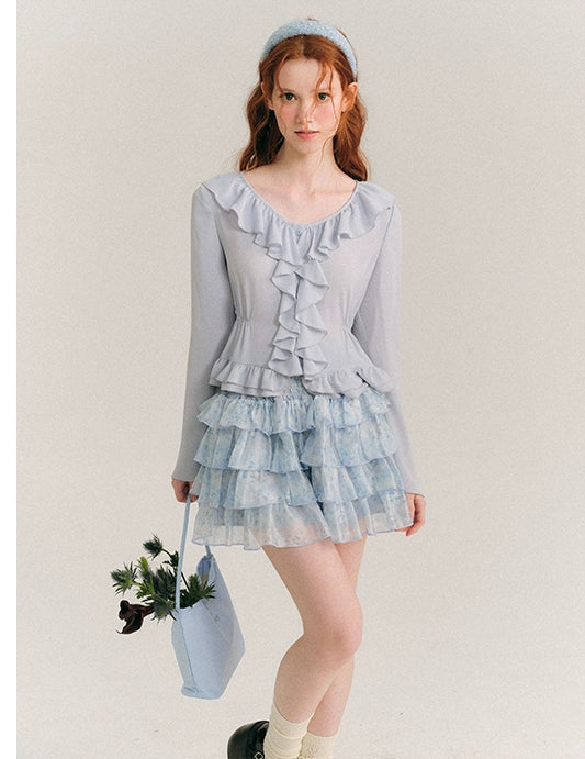 Sea Blue Broken Ruffle French Shirt Top