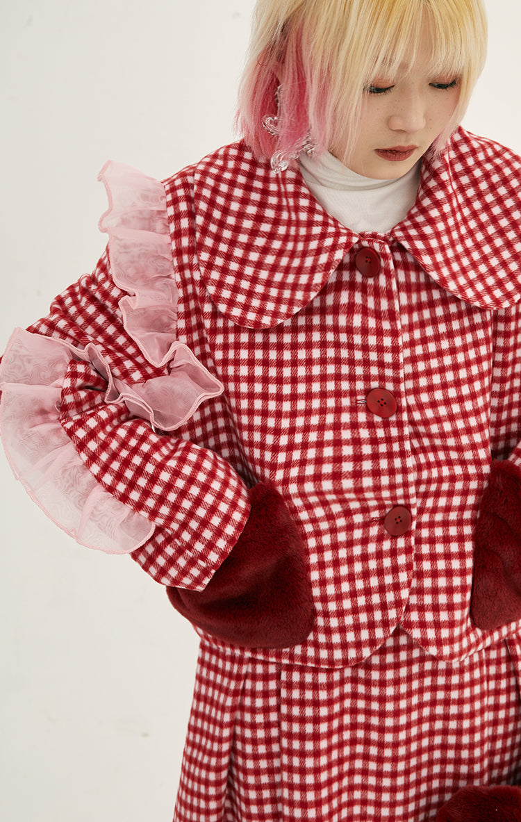 Girly Red Check Ruffle Jacket