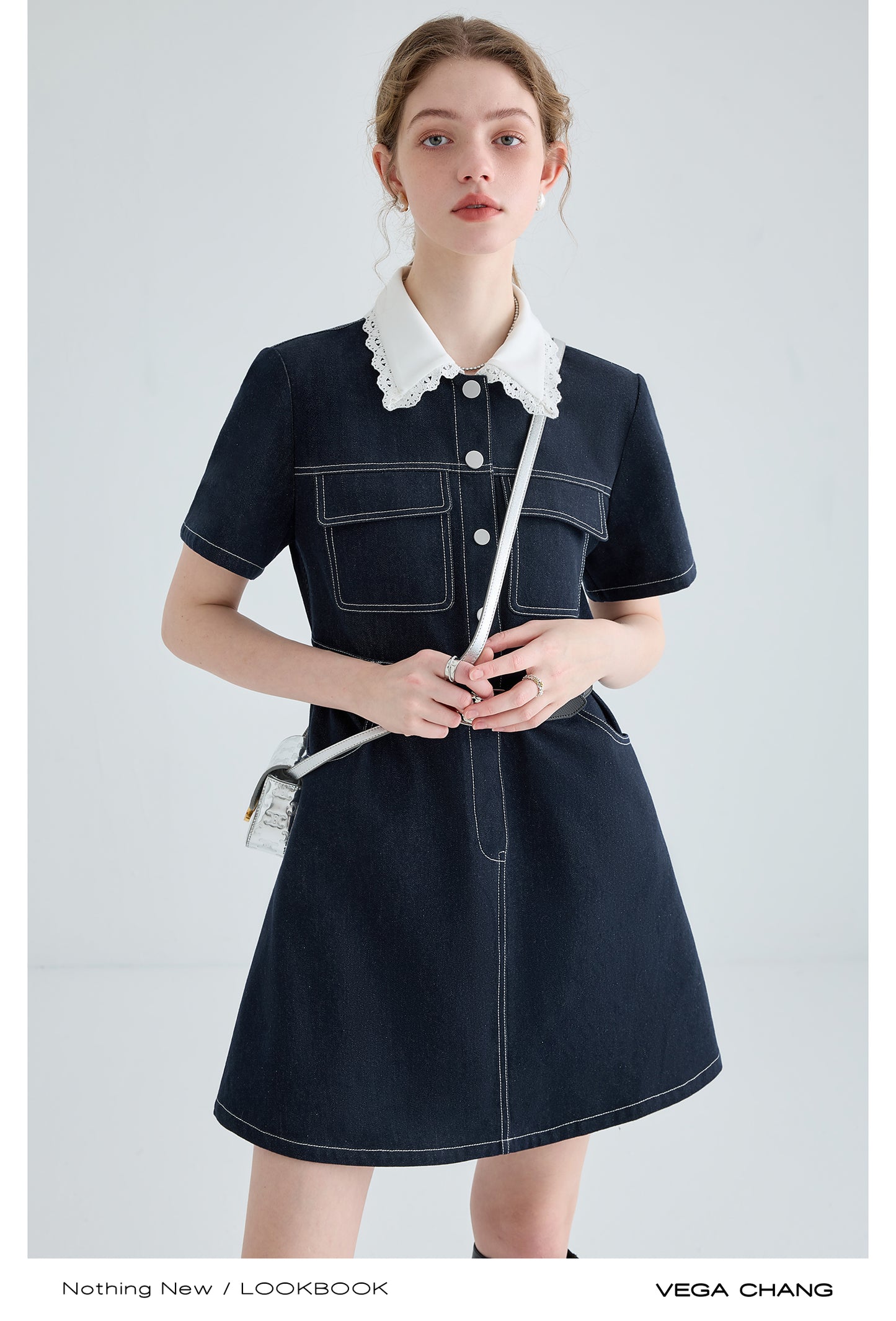 French Lace Doll Collar Denim Dress