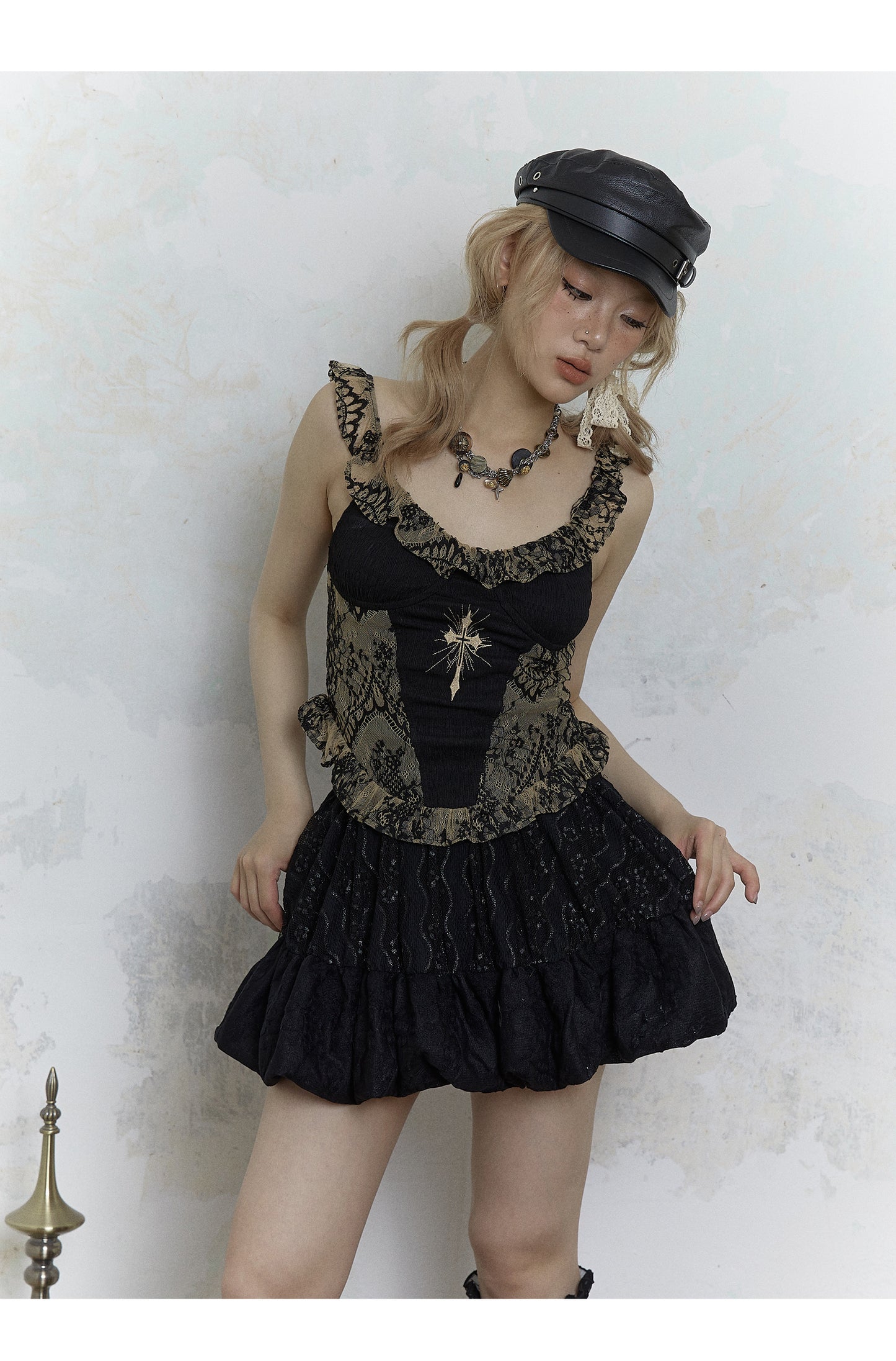 Retro Frilled Lace Jacquard Skirt