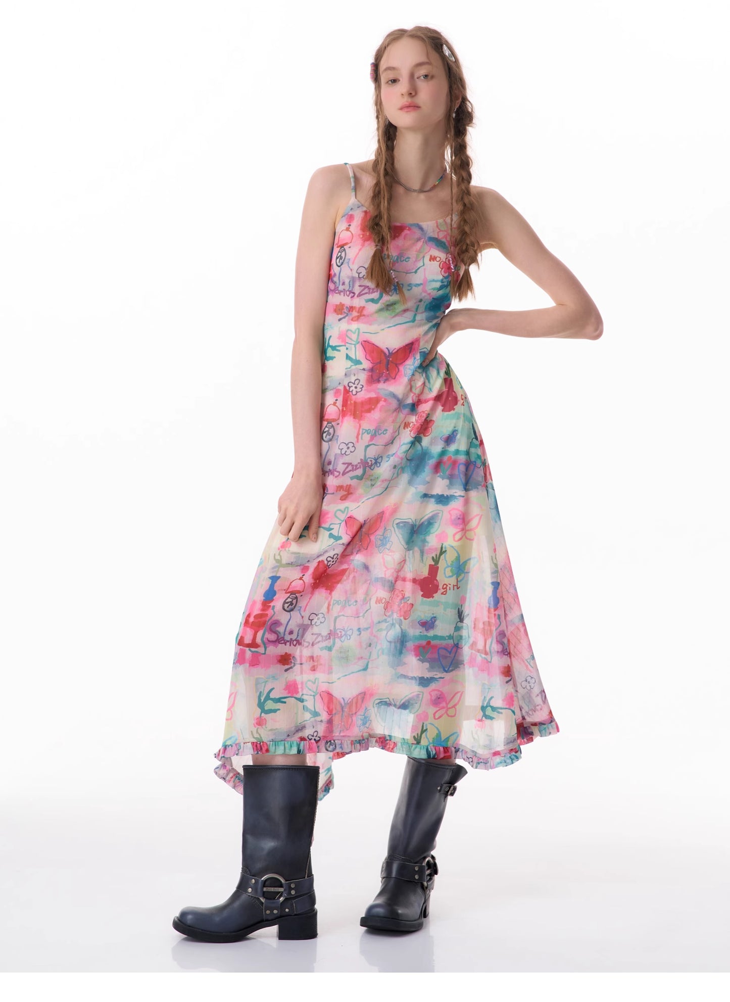 Graffiti butterfly print suspender dress