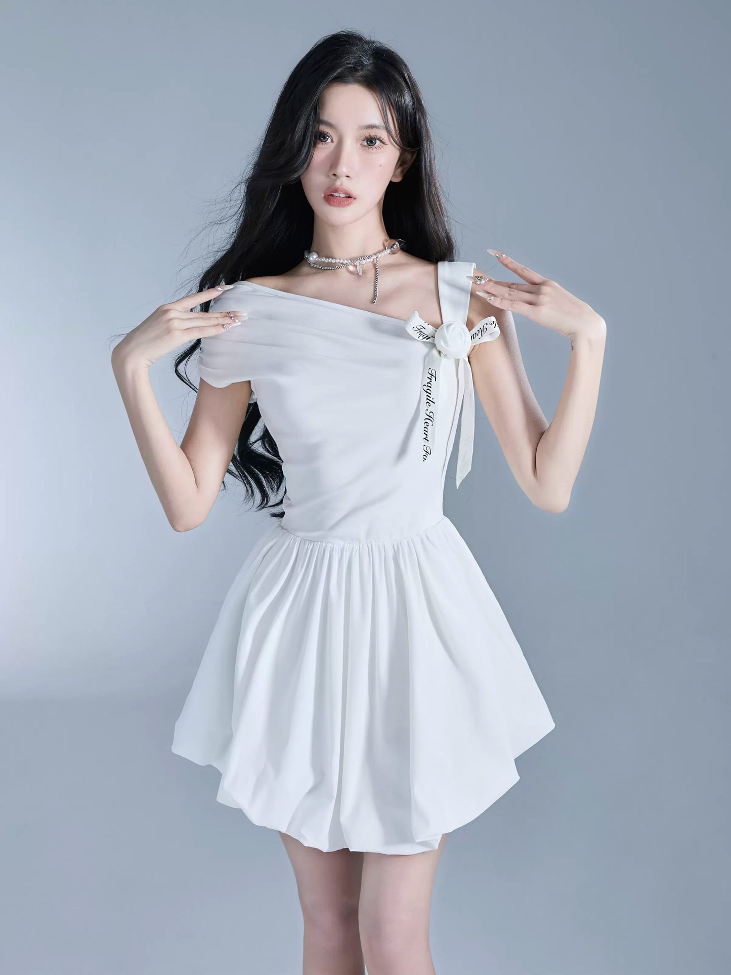 French One Shoulder Ribbon Short Length Dress