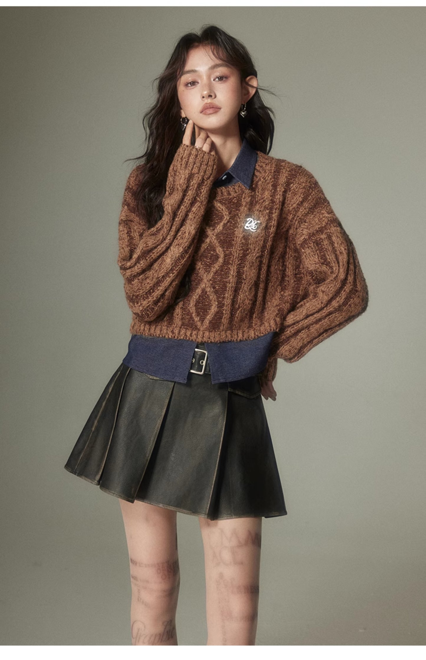 Short length retro knit & shirt faux two-piece