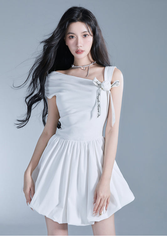 French One Shoulder Ribbon Short Length Dress