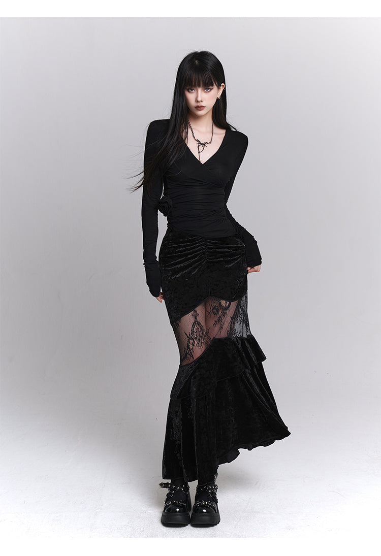 Velvet Fishtail Long Skirt