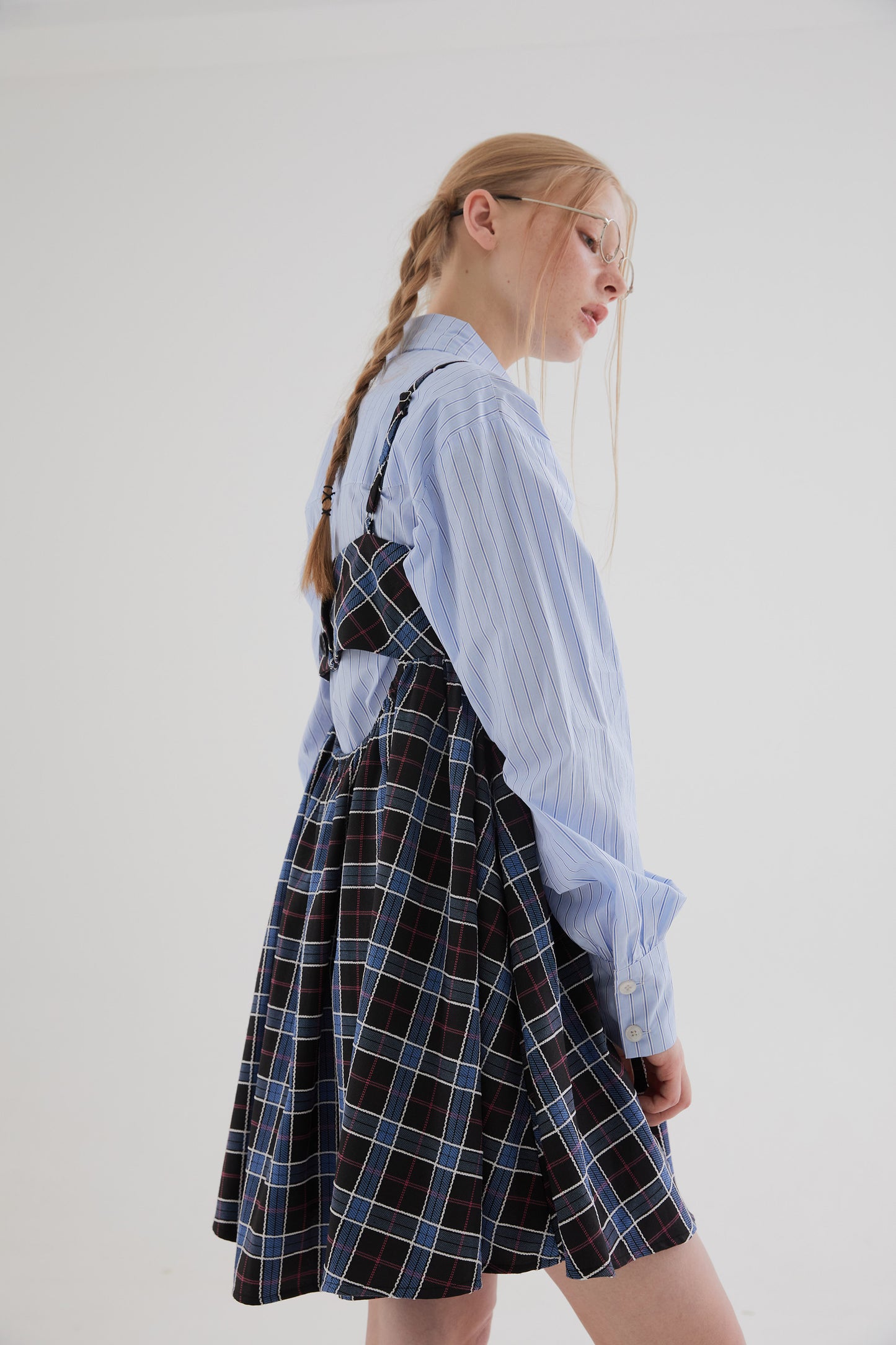 Plaid square-neck suspender dress