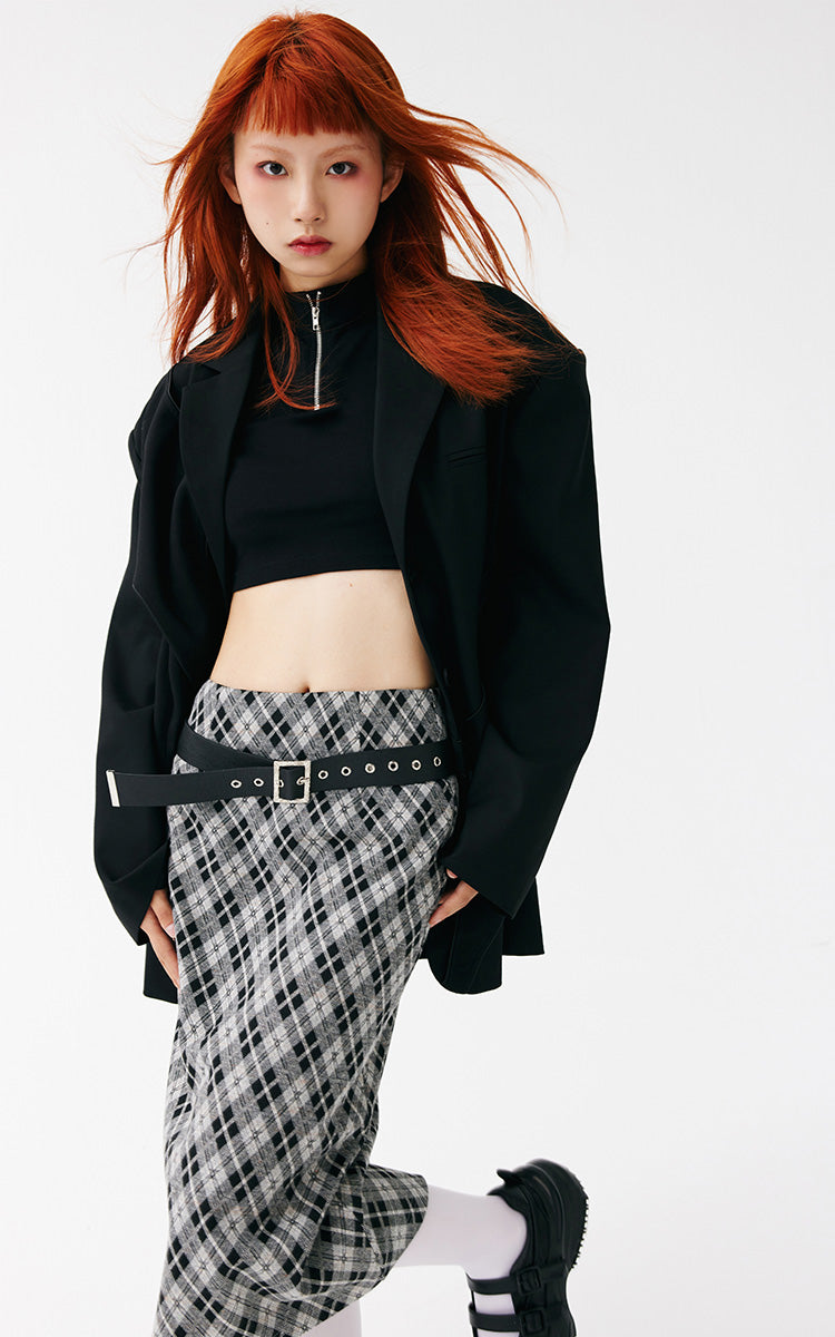 Slim Fit Plaid Long Skirt