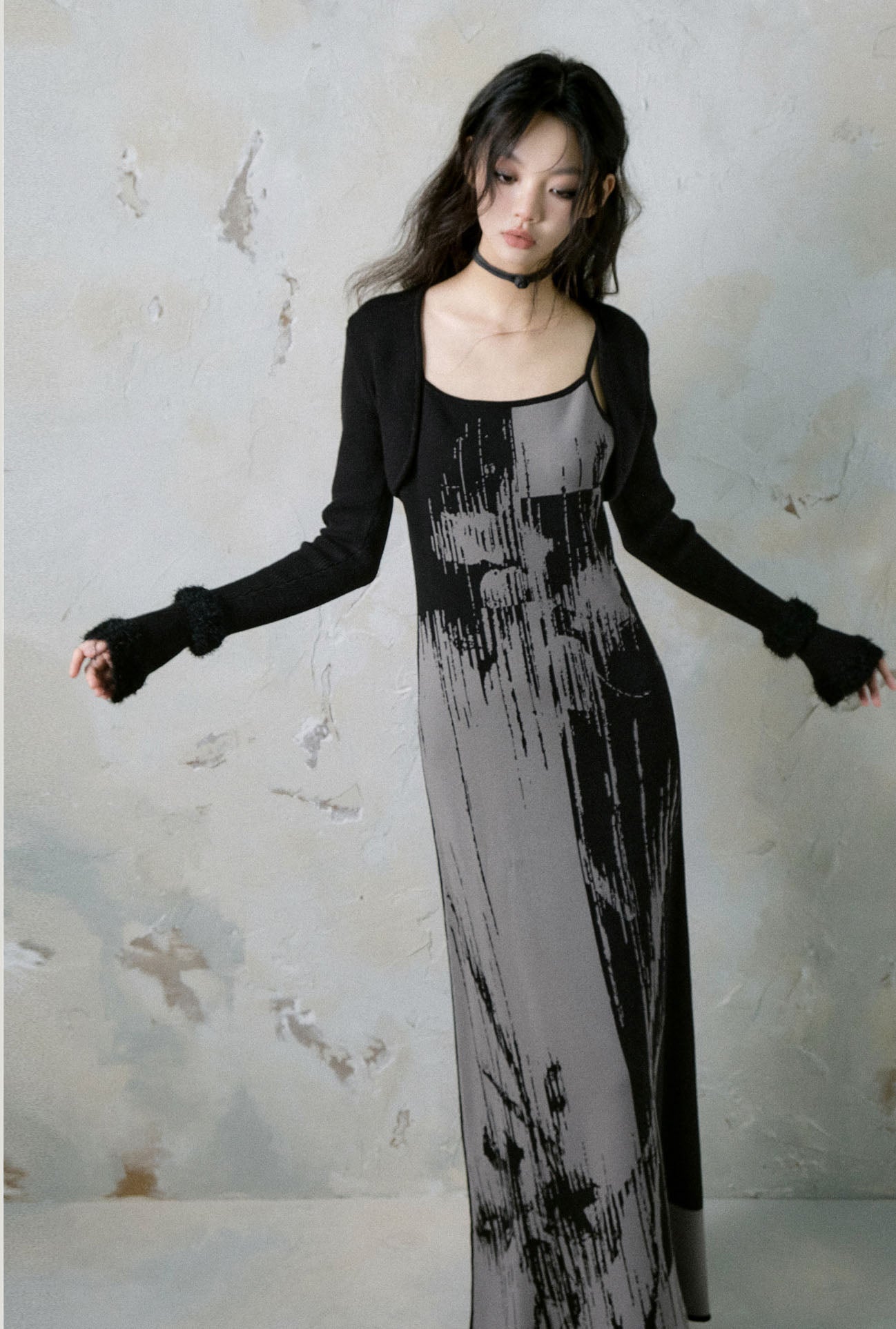 Flower Shadow Original Print Hem Knit Suspender Dress