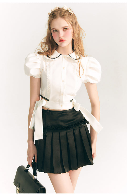 Side Ribbon Puff Sleeve Short Shirt