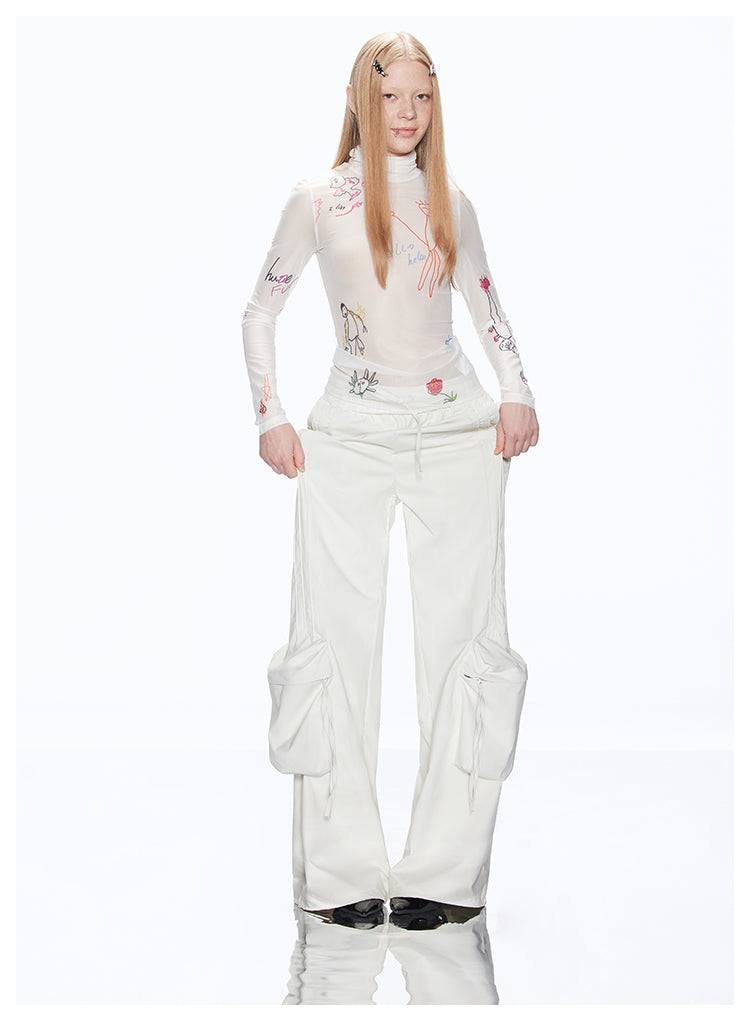 Loose-fit multi-pocket white cargo pants