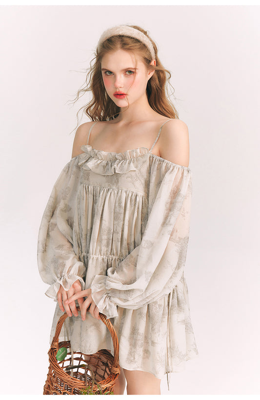 Square Neck Off-Shoulder Lace Ruffled Dress