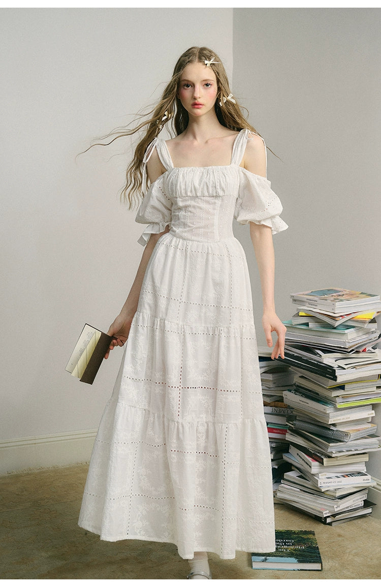 French Girly Embroidered Off-Shoulder Long Dress