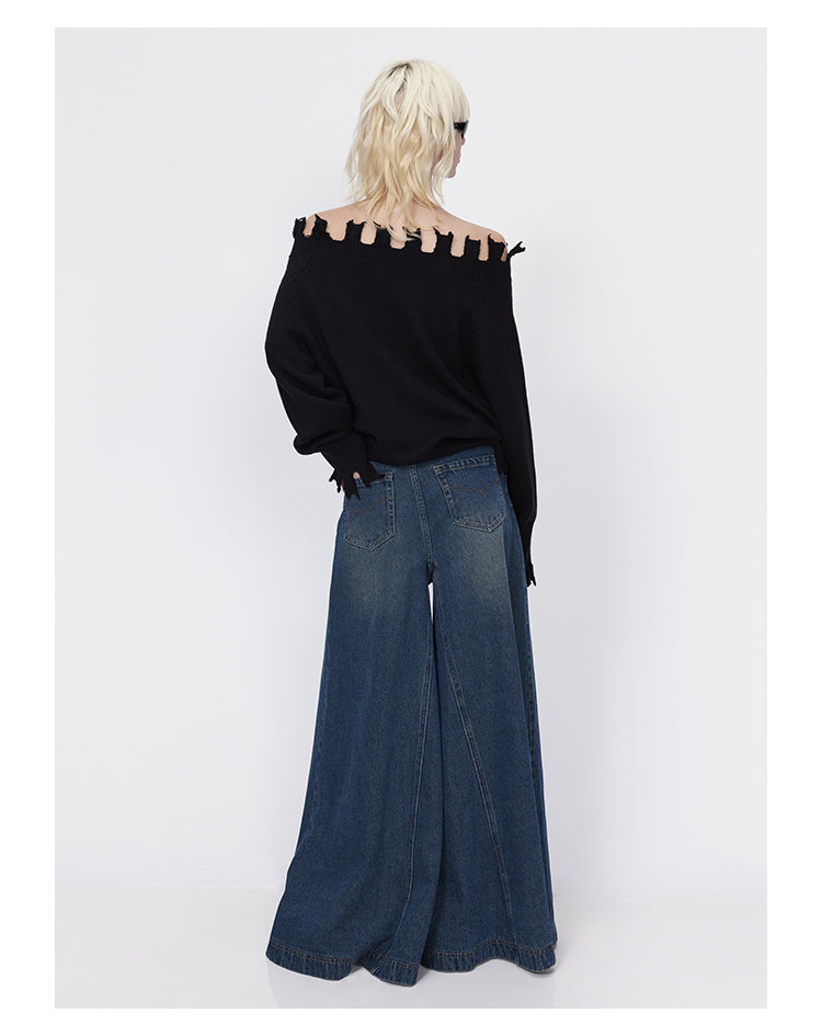 Oversized wide leg washed retro glare denim pants