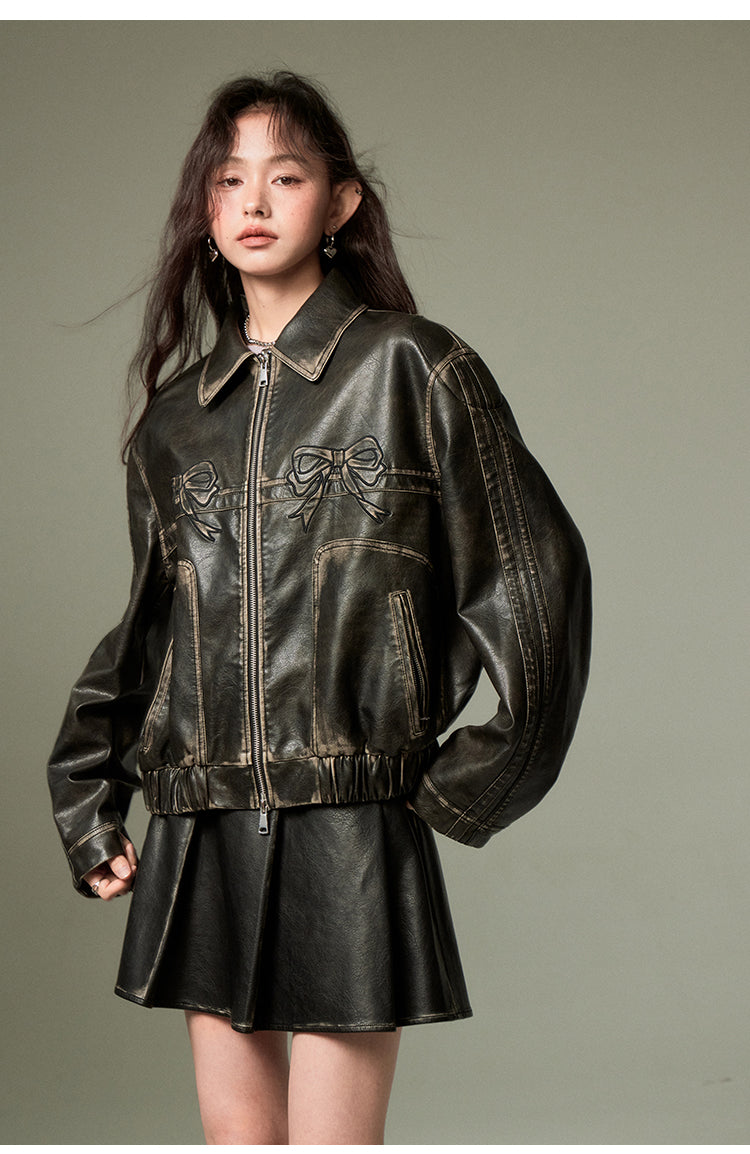 Retro Black Ribbon Leather Jacket