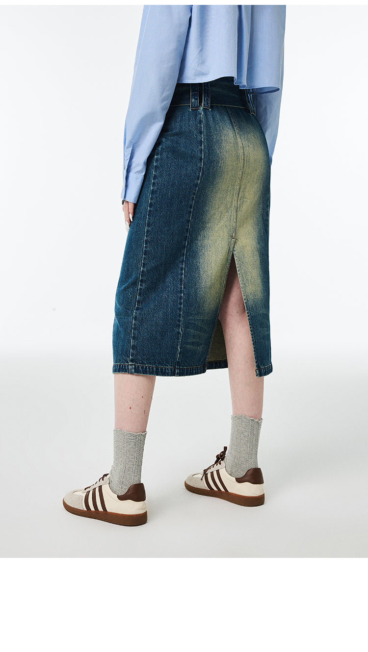 Hip Hugging High Waist Mid Length Denim Skirt