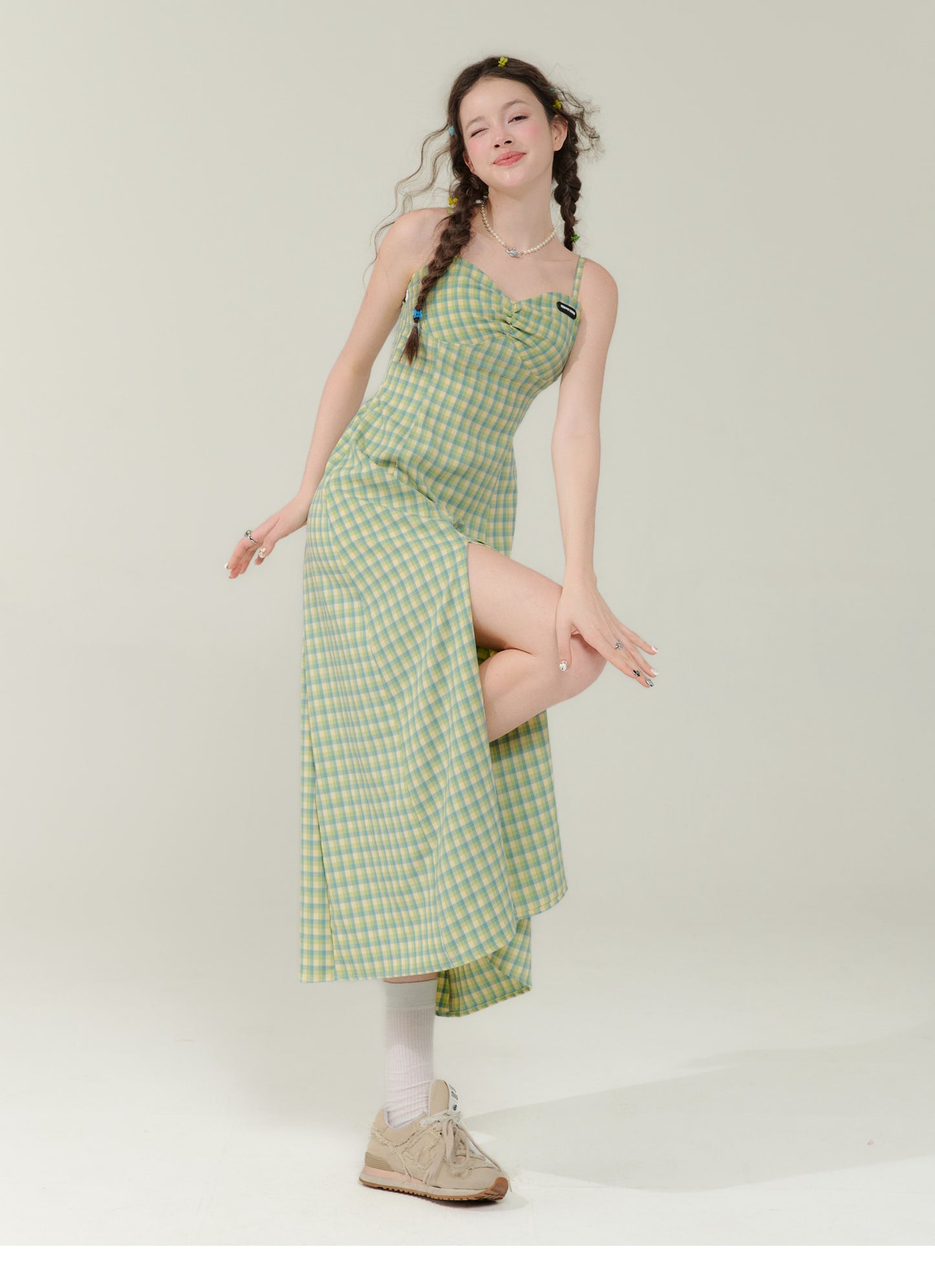 Retro Check Pattern Slit Dress