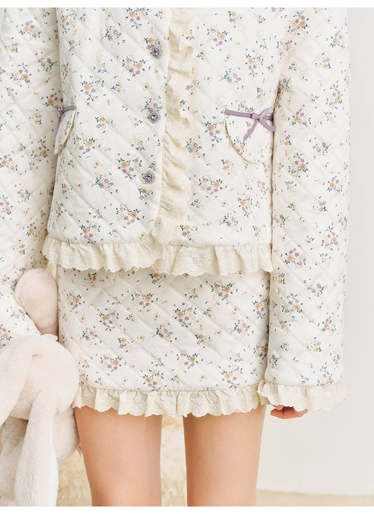 Lace quilted cotton jacket short printed lace skirt