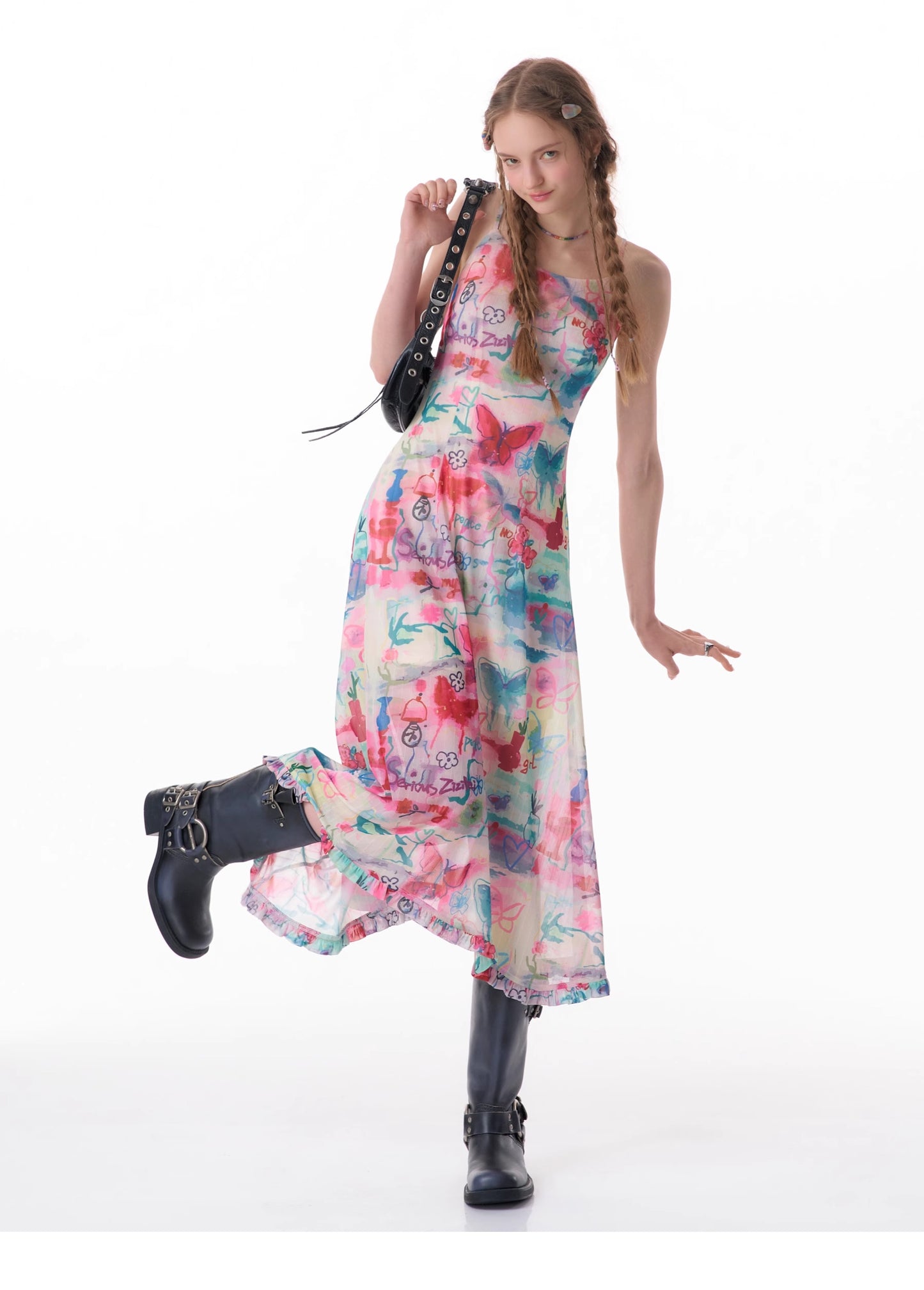 Graffiti butterfly print suspender dress