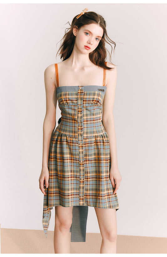 Back Ribbon Plaid Short Suspender One-piece