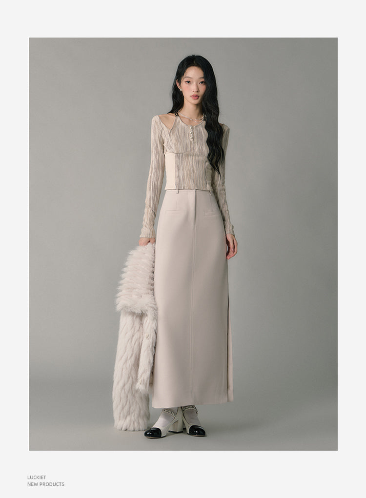 French Apricot High Waist Slim Straight Skirt