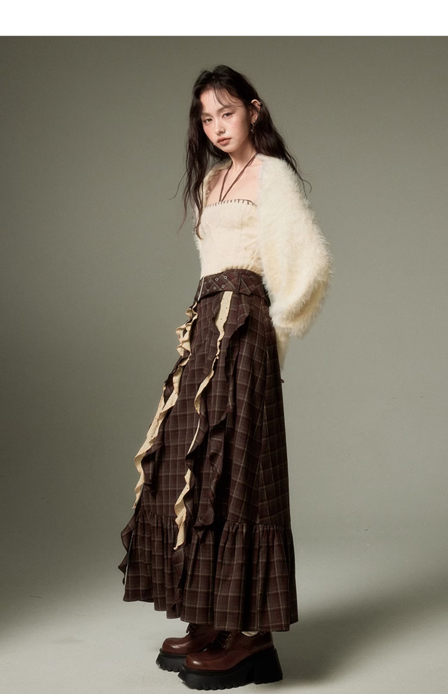 Irregular Design Plaid Long Length Skirt