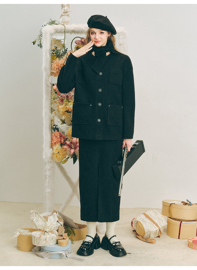 Wool Jacket Black Slit Skirt Suit