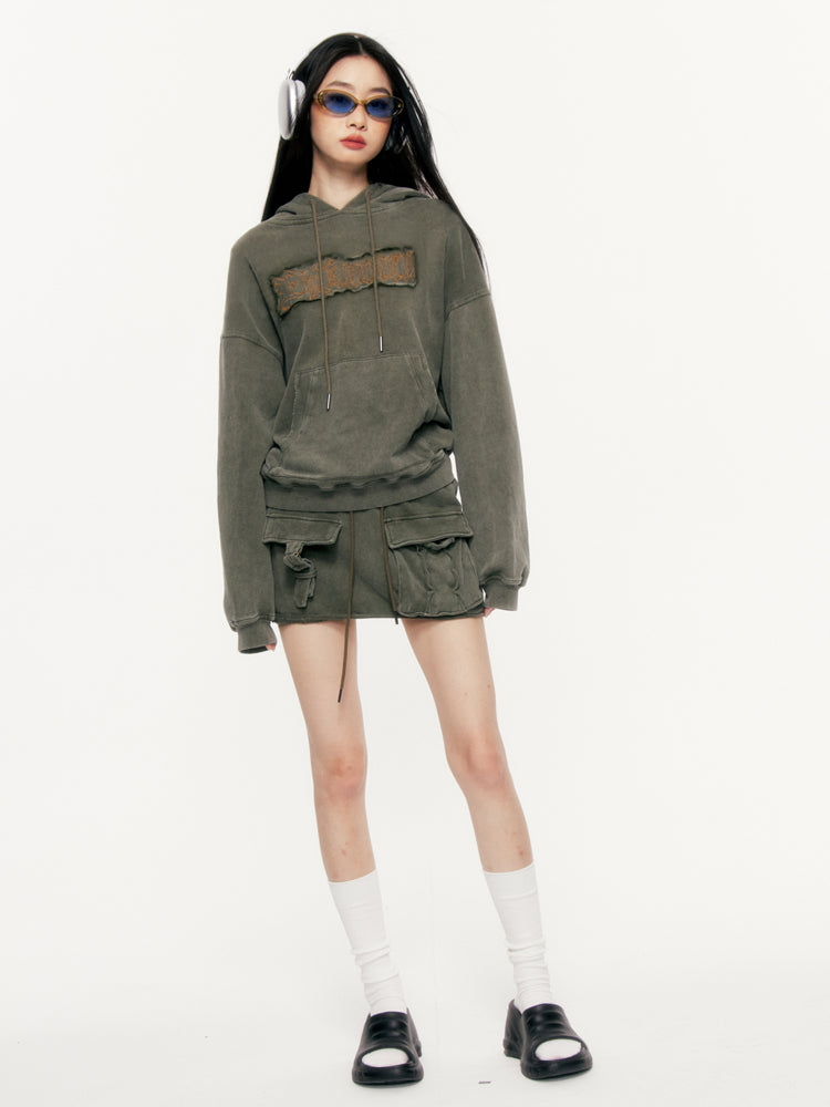 Embroidered Edge Loose Military Green Sweatshirt Setup