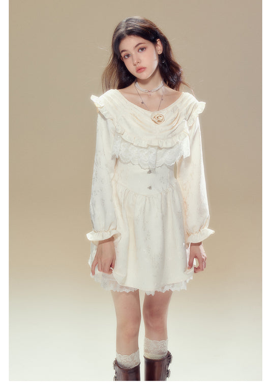 Round Neck Rose Objet Ruffle Short Length Jacquard Dress