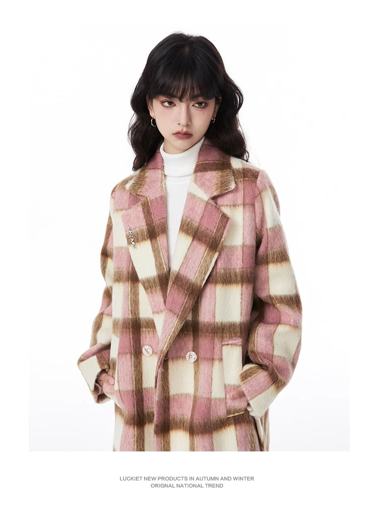 Checked wool mid-length coat