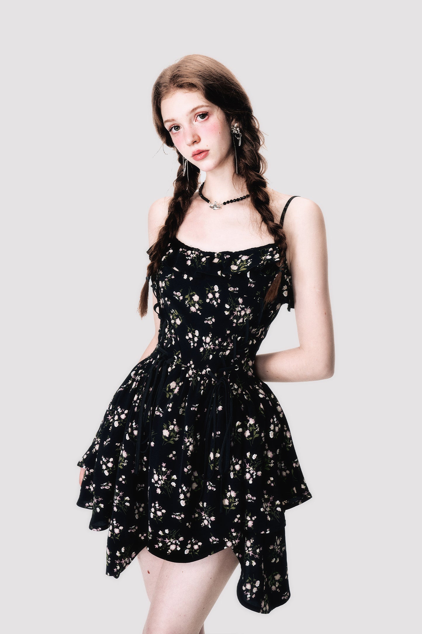 Irregular Waist Floral Short Length Dress