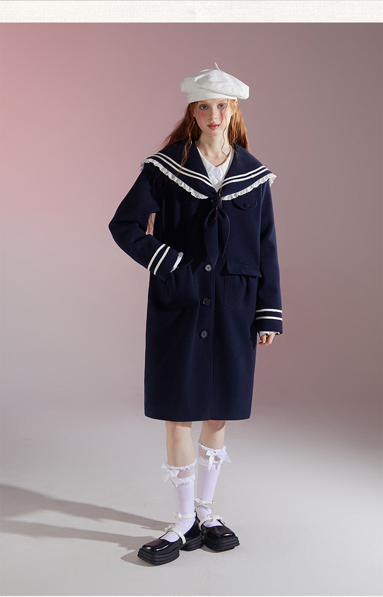 Original design college style navy mid-length wool coat