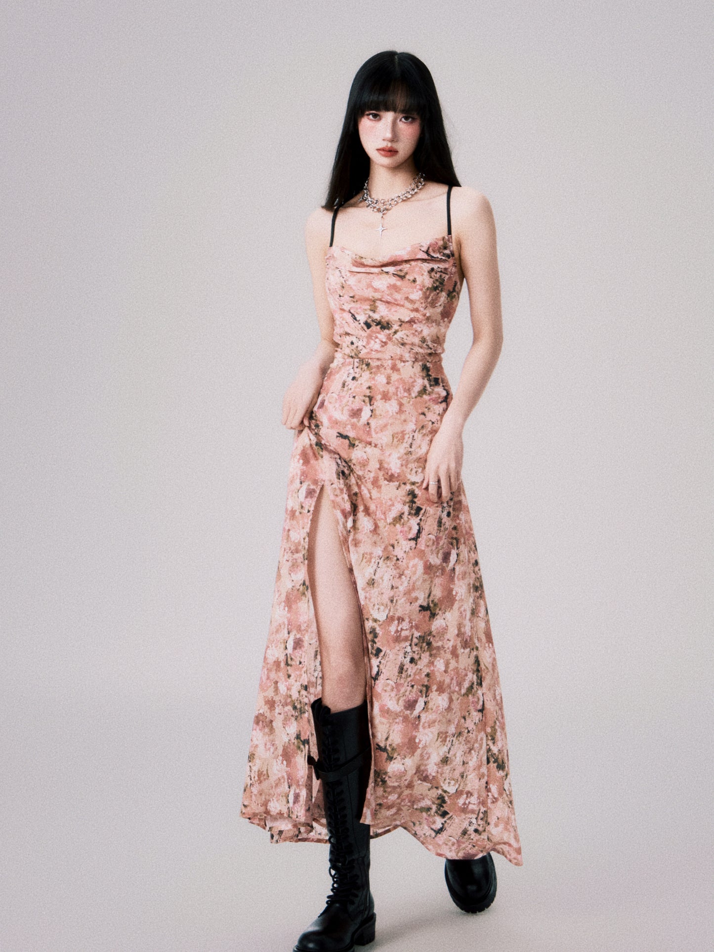 Slim fit floral slit suspender dress